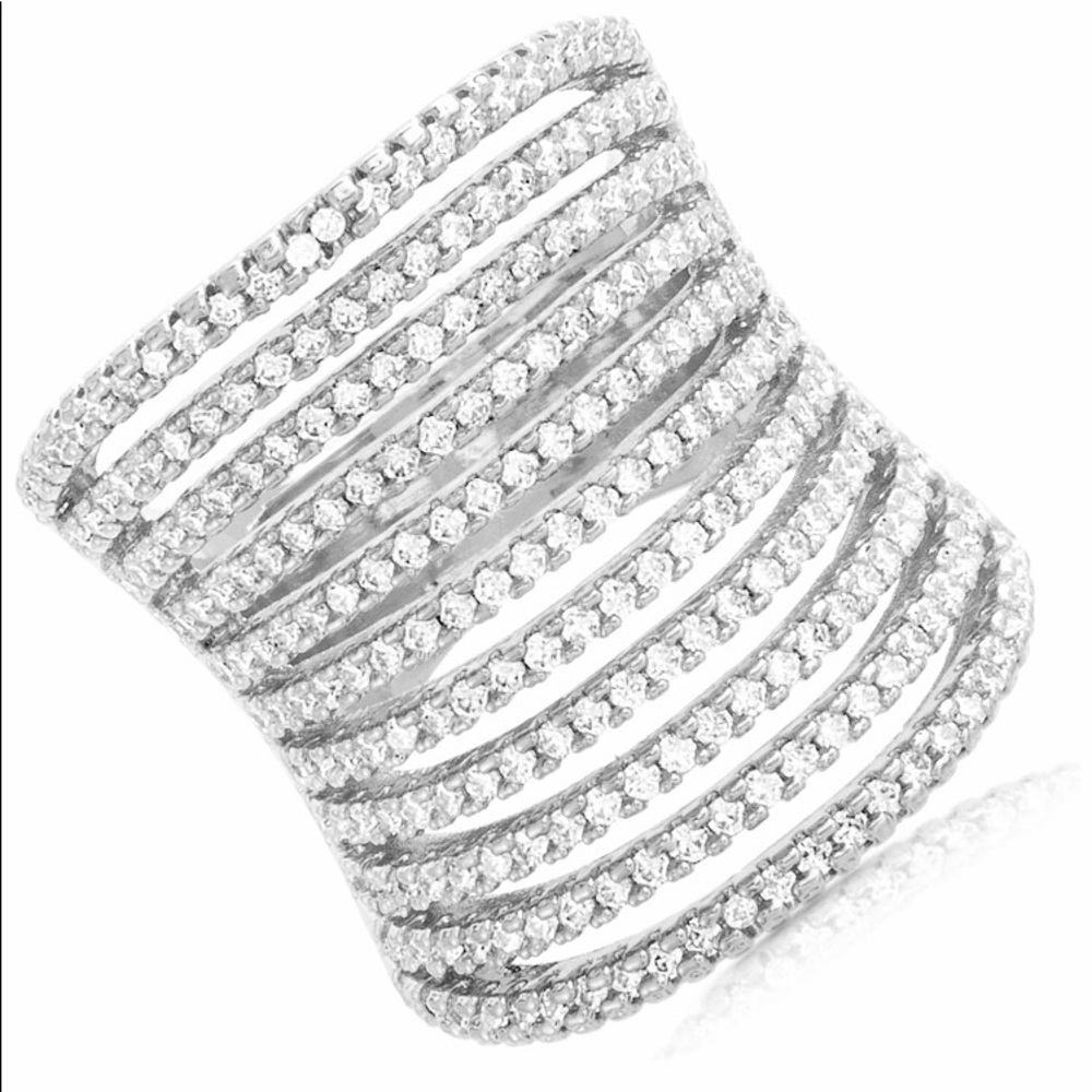 CZ Wide Multi Row Band Ring - Rhodium Plated Sz 8